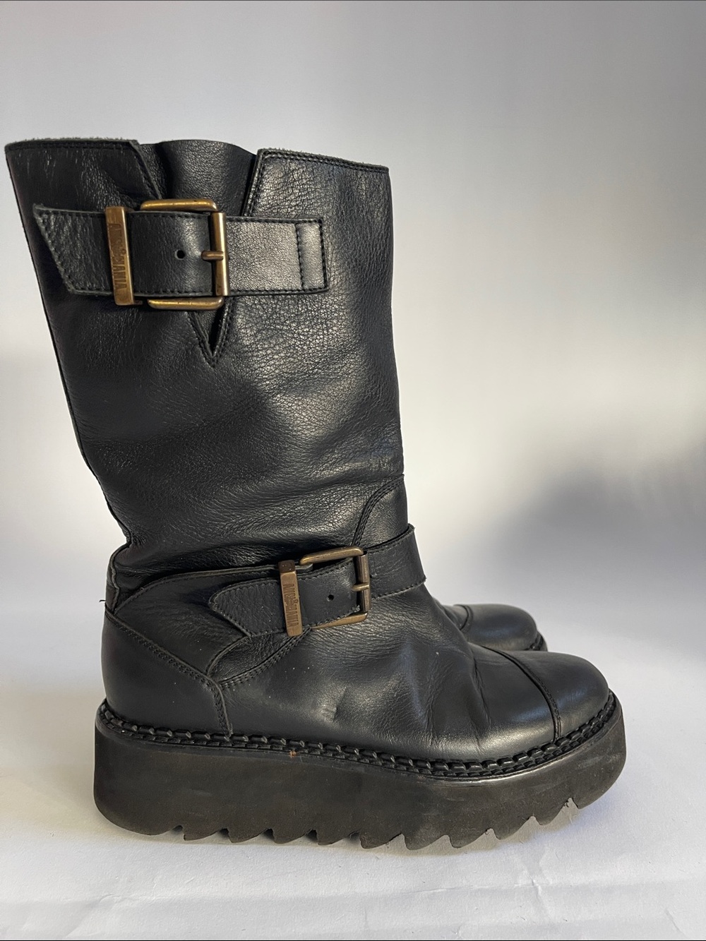 Vivienne Westwood Anglomania Black Leather Double Buckle Biker Boots AW16 US 7